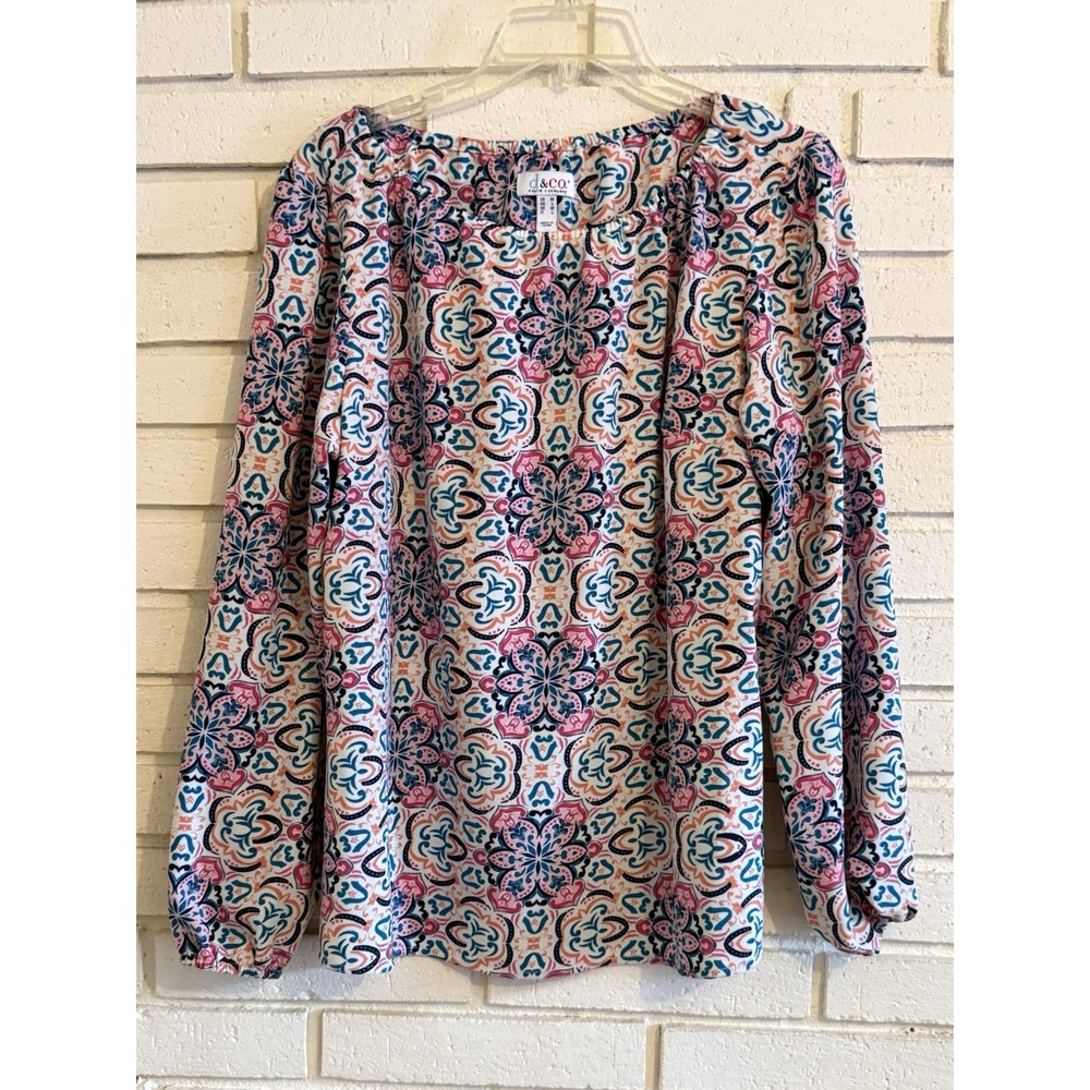 Denim & Co Womens Peasant Blouse Size Medium Floral Shirt Top Long Sleeve